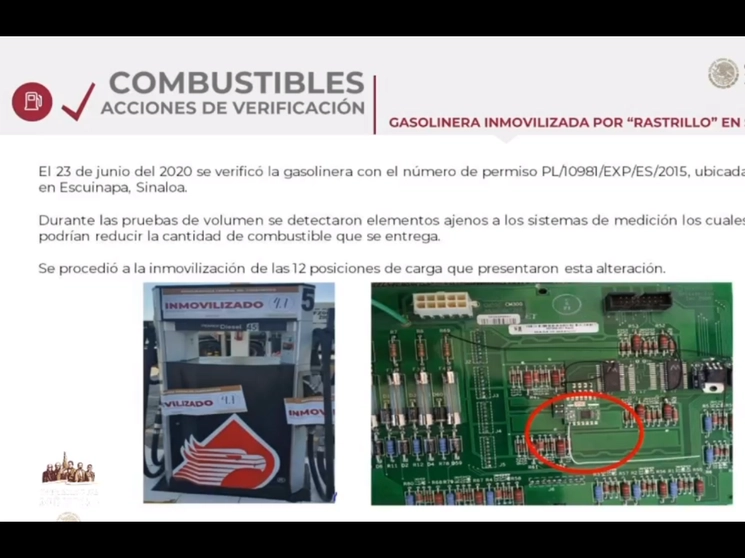 Aditamentos ajenos a la medición hallados en bombas de gasolina en una estación de Escuinapa, Sinaloa, en una lámina mostrada por el procurador del Consumidor, Ricardo Sheffield, en la conferencia presidencial del 29 de junio de 2020 