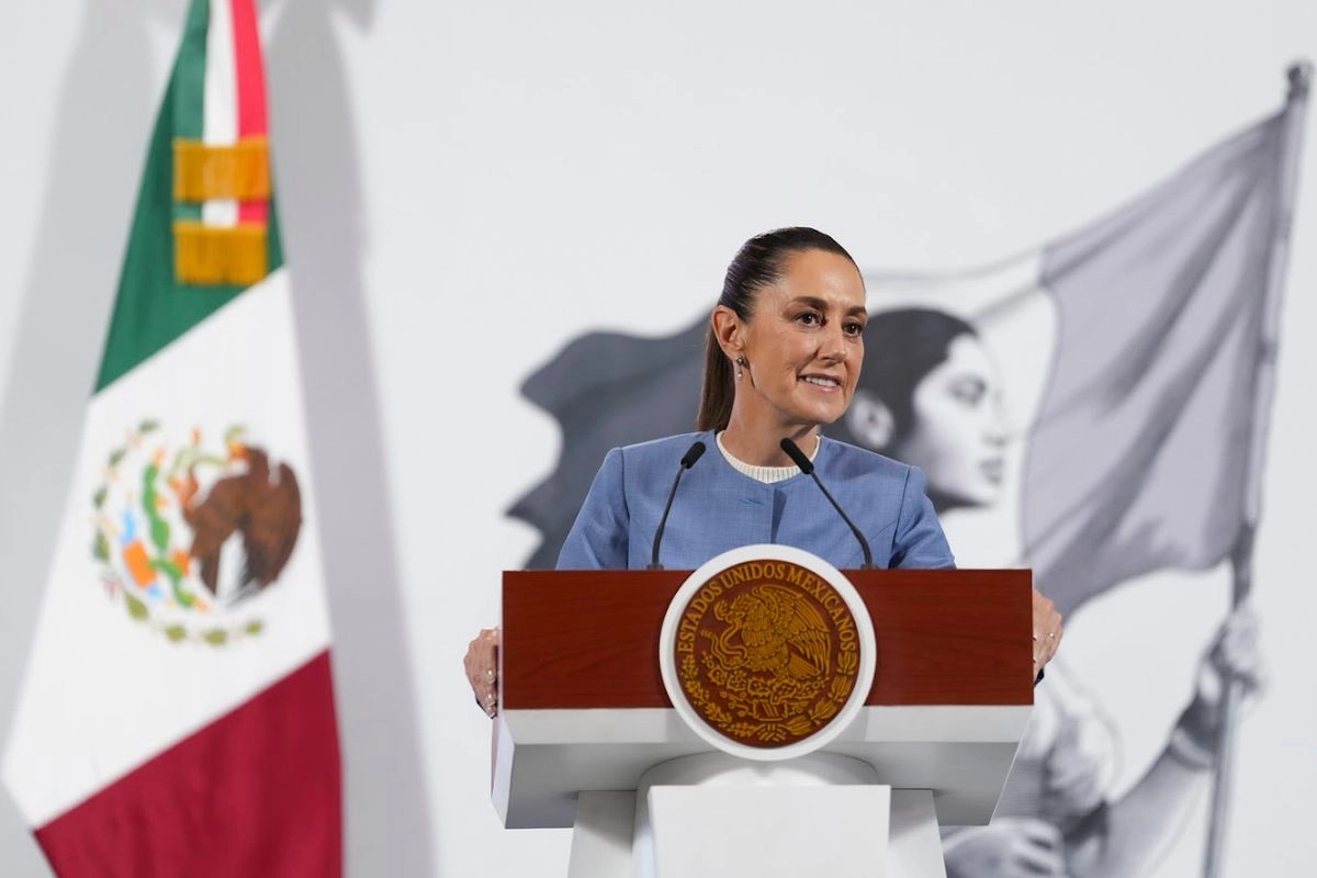 La presidenta Claudia Sheinbaum, durante su conferencia matutina desde Palacio Nacional, el 1° de agosto de 2025. Foto 