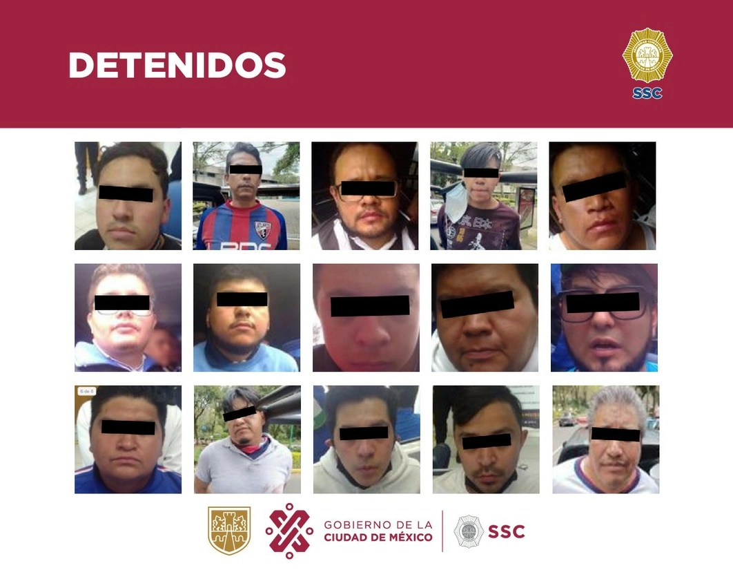 Parte de los 19 detenidos por una pelea multitudinaria entre aficionados de los equipos de futbol Atlante y Club Celaya. Foto SSC