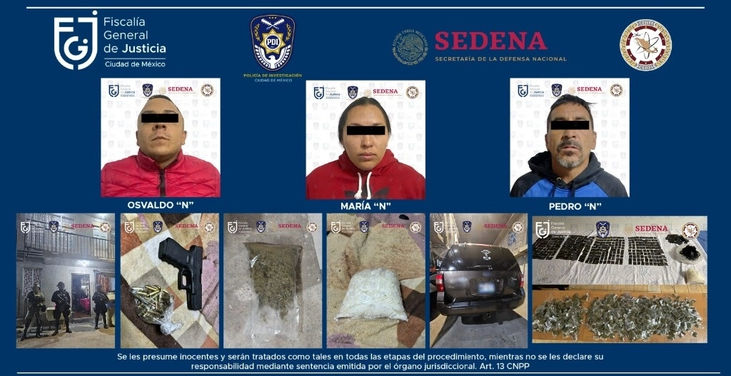 En un cateo en la colonia La Polvorilla, en Iztapalapa, se detuvo a dos hombres y una mujer, presuntos integrantes del grupo delictivo de ‘Los Tanzanios’. Imagen cortesía de la FGJ-CDMX