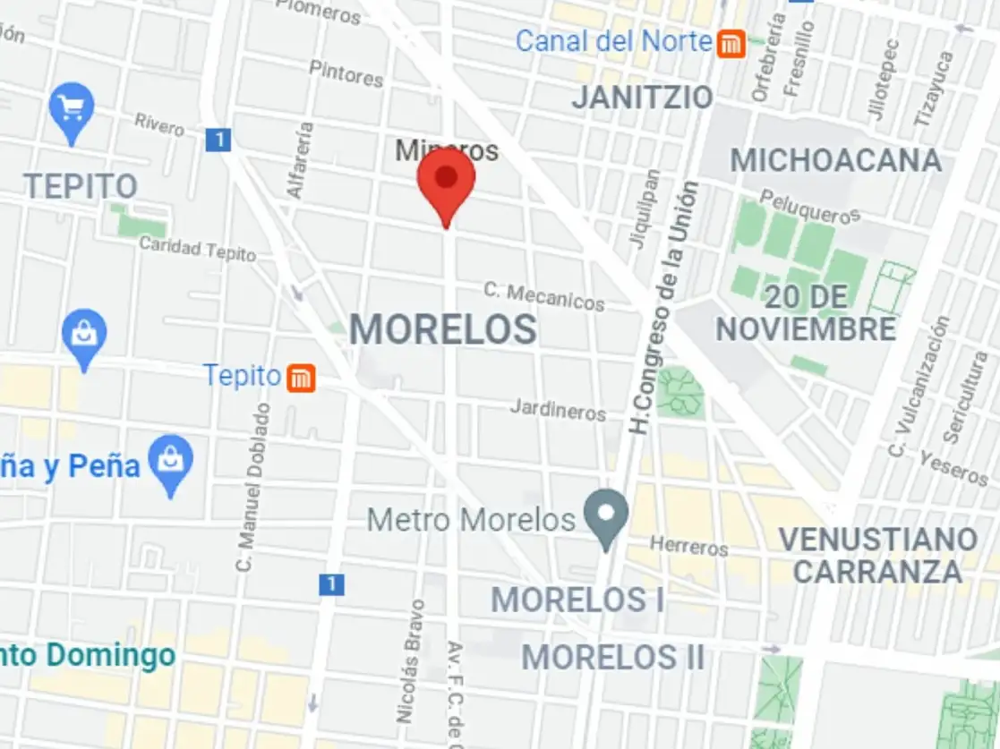 En el cateo, realizado en un domicilio de la calle Mineros de la colonia Morelos, agentes decomisaron armas, cartuchos y droga, en la alcaldía Venustiano Carranza, Ciudad de México. Foto tomada de Google Maps
