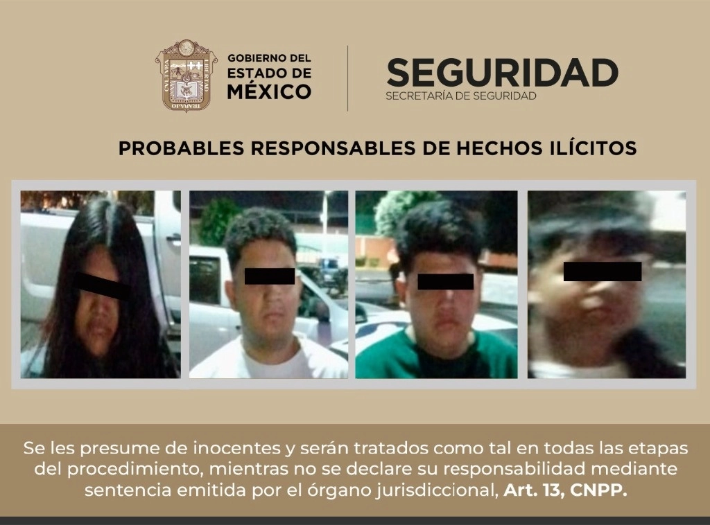 La Secretaría de Seguridad del Estado de México informó de la detención de cuatro de los seis presuntos involucrados, entre estos una mujer, en la ejecución del ex presidente municipal priísta Fernando Fernández García. Imagen tomada de X @AandradeTellez