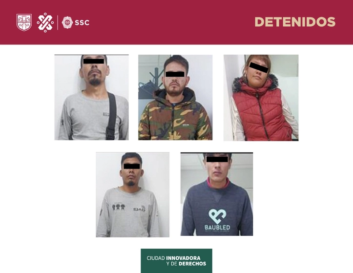 Cuatro hombres de 21, 24, 30 y 38 años de edad y una mujer de 26 años, junto con el vehículo asegurado, fueron puestos a disposición del agente del Ministerio Público, informó la Secretaría de Seguridad Ciudadana. Foto cortesía SSC-CDMX.