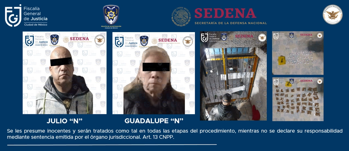 La detención de Guadalupe N y Julio César N se realizó luego de un cateo a un inmueble en la colonia Pueblo San Juan de Aragón, en Gustavo A. Madero. Foto FGJ