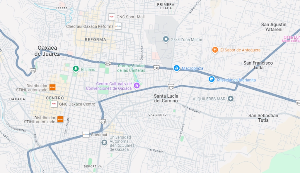En San Francisco Tutla, perteneciente a Santa Lucía del Camino, de la ciudad de Oaxaca  hace un mes una mujer murió a causa de las heridas que le provocó un perro. Foto Google Maps