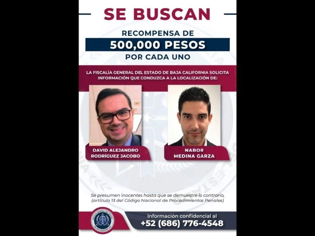La FGE de BC ofreció recompensa de 500 mil pesos por información que derive en la detención de David Alejandro Rodríguez Jacobo y Nabor Medina Garza. Foto ‘La Jornada’

