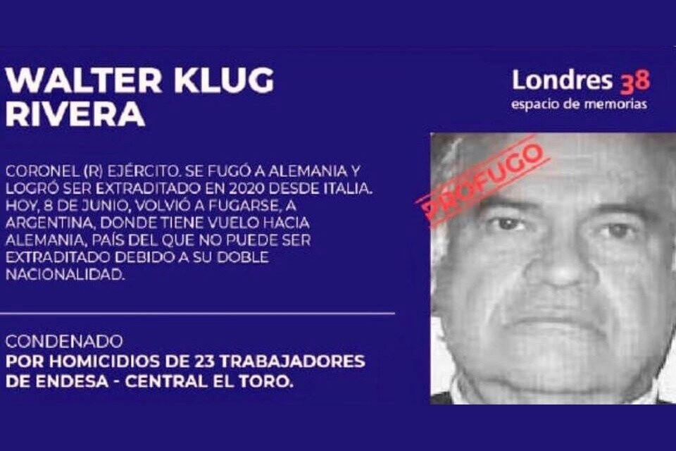 Ficha de captura del ex militar chileno, Walter Klug Rivera.