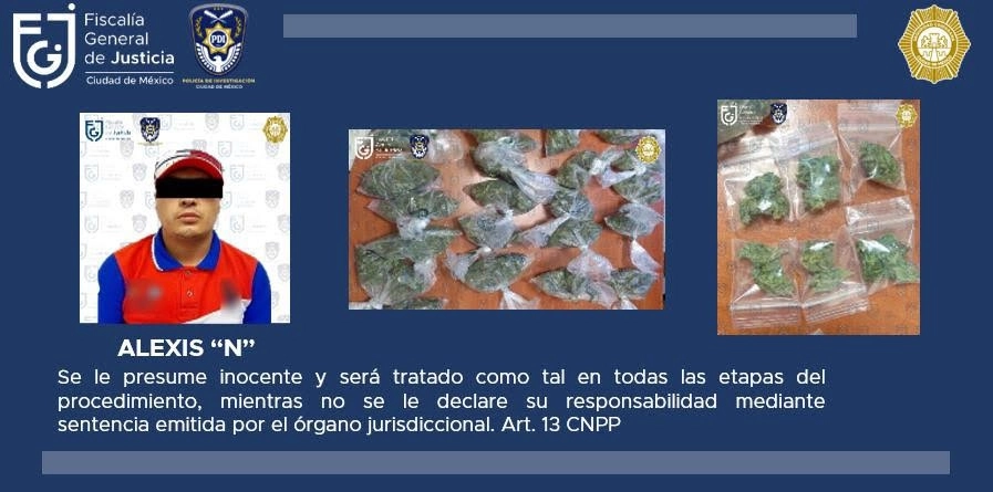 Alexis “N” fue detenido en posesión de varias bolsas de plástico con posible droga en la esquina de Paseo de la Reforma e Insurgentes. Foto Fiscalía