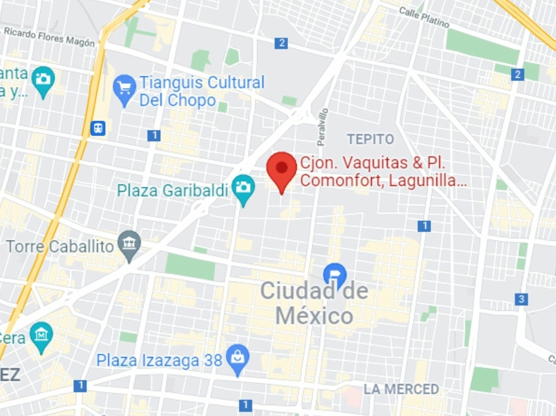 El integrante de la Unión Tepito fue detenido en las calles Callejón Vaquitas y Comonfort en la zona de la Lagunilla, colonia Centro, en la alcaldía Cuauhtémoc, Ciudad de México. Imagen tomada de Google Maps