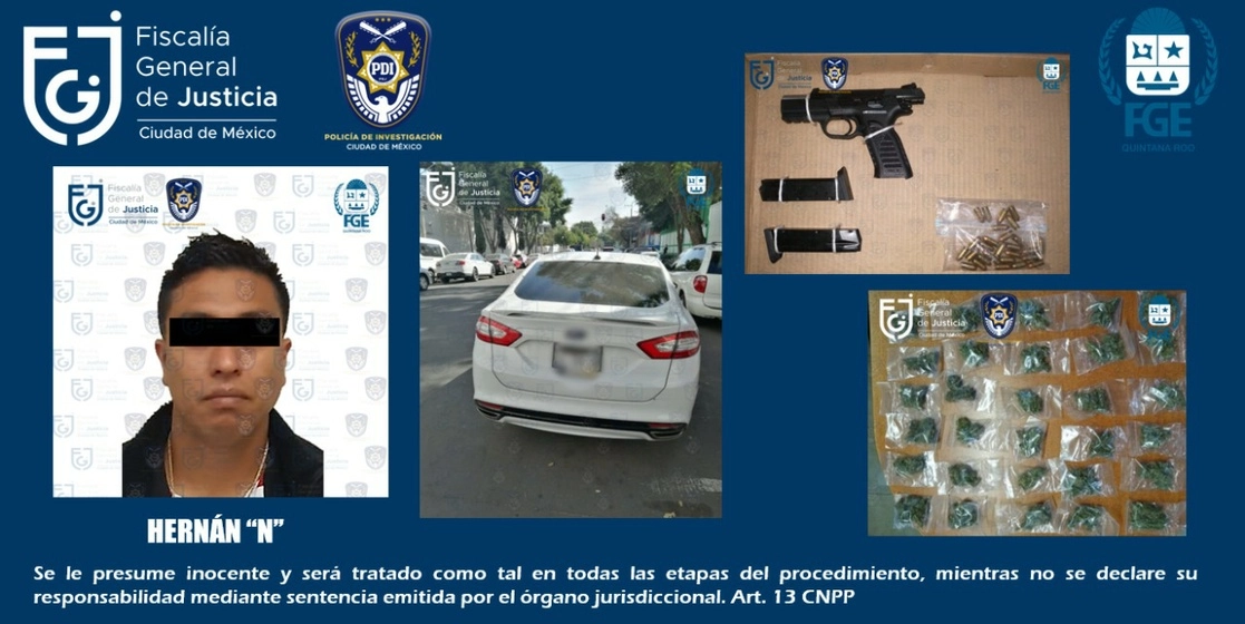 Policías de Investigación detuvieron a Hernán "N" en posesión de un arma de fuego y 37 bolsas con mariguana. Imagen Fiscalía General de Justicia de la Ciudad de México 