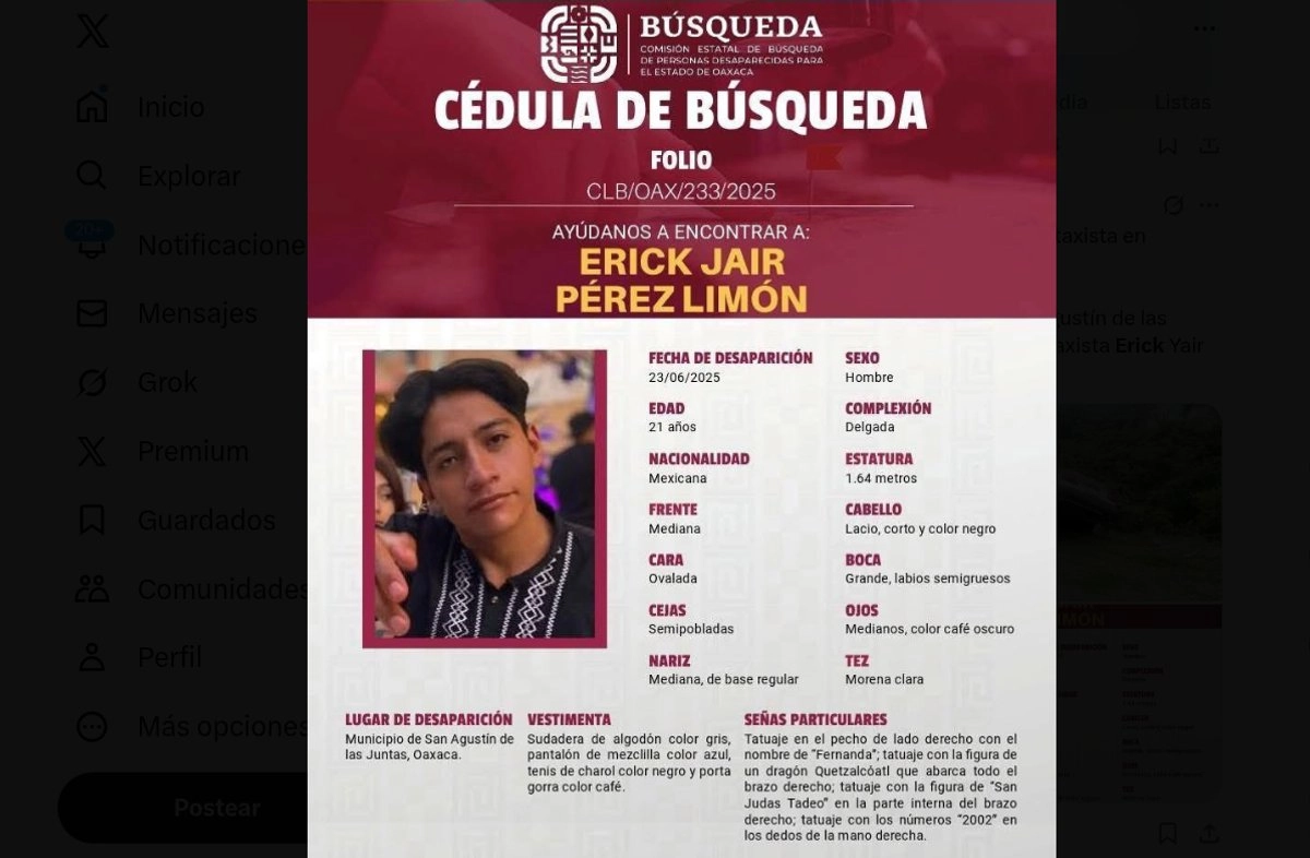 Ficha de búsqueda del joven desaparecido. Foto