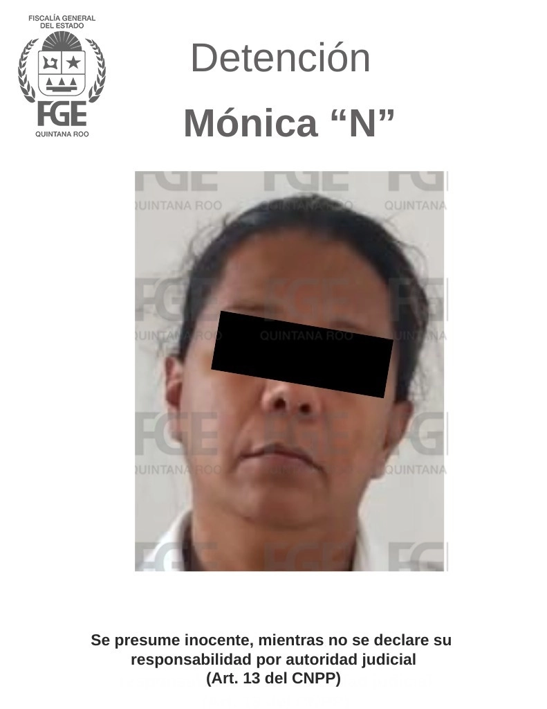 Monica N fue detenida y vinculada a proceso por la explotación de 4 menores, tres hombres y una mujer, en la ciudad de Cancún. Foto Tomada de X @FGEQuintanaRoo