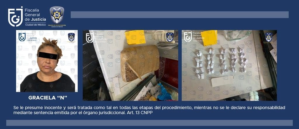 Policías de investigación detuvieron a una mujer con 90 envoltorios de cocaína y un paquete de mariguana en domicilio utilizado para comercializar drogas ubicado en Iztacalco. Foto Fiscalía 
