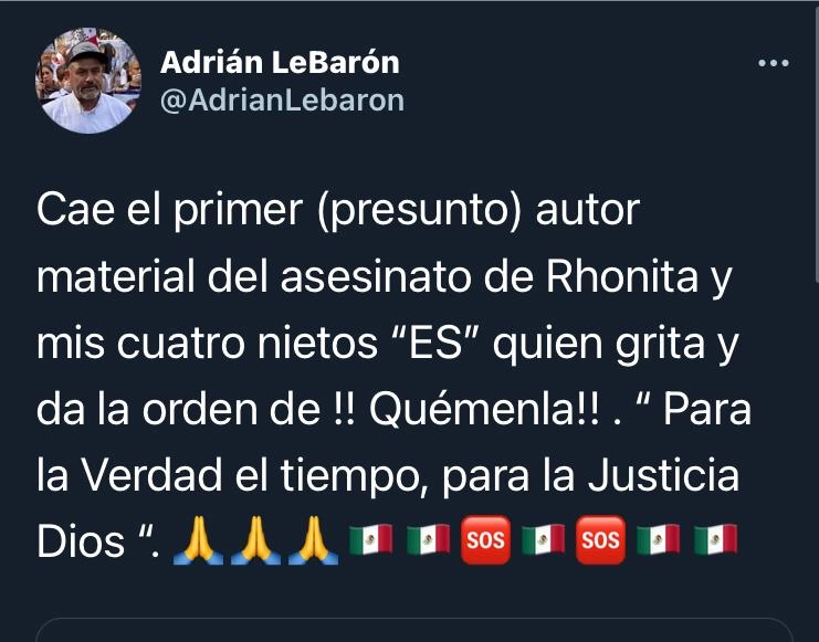 Adrián LeBarón informó que fue detenido otro de los presuntos integrantes del grupo que atacó a su familia, matando a nueve mujeres y niños, en Bavispe, Sonora, el 4 de noviembre de 2019. Imagen tomada del Twitter @AdrianLebaron