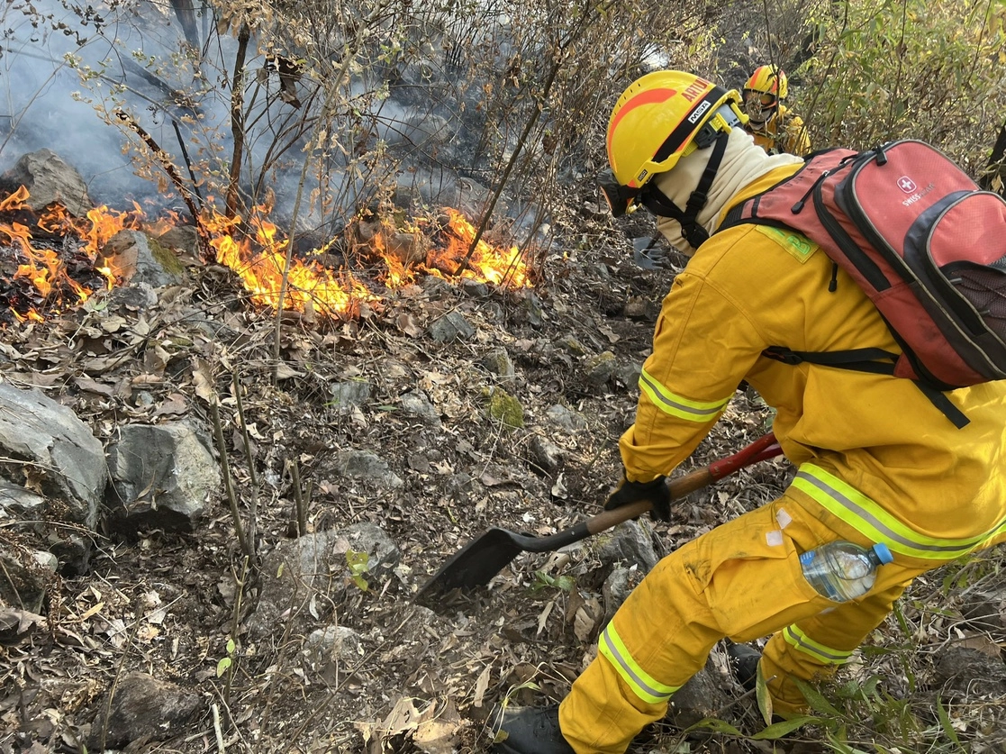Bomberos combaten las llamas en el cerro del Colli, en Zapopan, Jalisco. Foto Tomada del Twitter @PCJalisco  