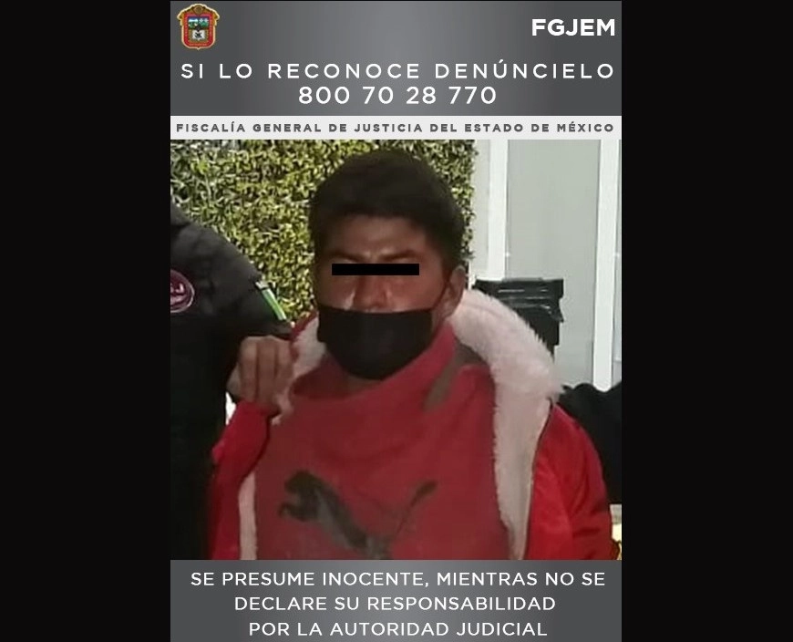 La Fiscalía General de Justicia mexiquense informó de la aprehensión del sospechoso, quien fue ingresado al Centro Penitenciario de Zumpango, luego de recabar elementos de prueba necesarios. Foto cortesía FGJEM