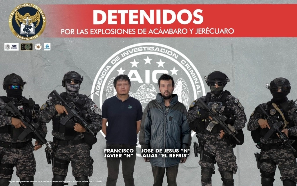 Dos hombres fueron arrestados como los presuntos autores materiales de detonar artefactos explosivos en los municipios de Acámbaro y Jerécuaro. Foto Fiscalía Guanajuato
