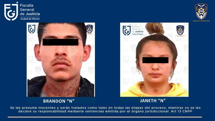 Janeth Sharon N y Brandon N fueron detenidos por su probable participación en los delitos de feminicidio y tentativa de feminicidio, registrados el 23 de mayo en Azcapotzalco. Foto FGJ