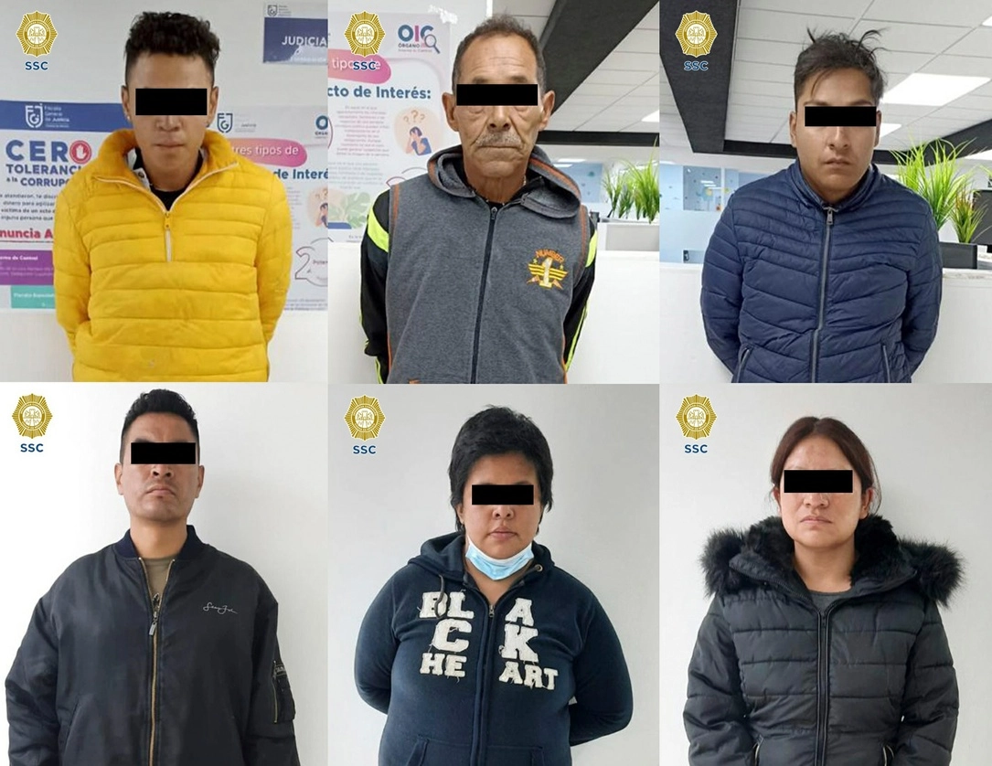 Carlos Yihijory ‘N’, Alfredo ‘N’ y Alan Rogelio ‘N’, Joel ‘N’, Ana Josefina ‘N’ y Deniss Lucía, presuntos integrantes del grupo delictivo ‘Los Brayan´s’. Foto Cortesía SSC CDMX