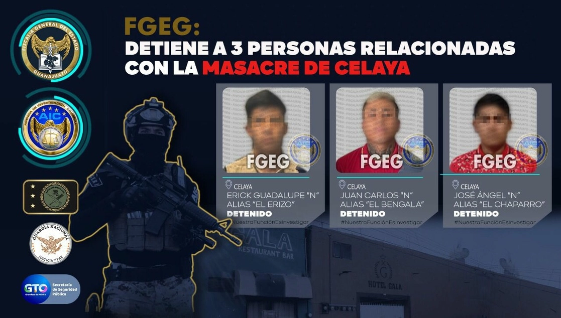 
Erick Guadalupe, ‘El Erizo’; Juan Carlos, ‘El Bengala’; y José Ángel, ‘El Chaparro’, son sospechosos de los asesinatos del 23 de mayo. Foto Cortesía FGE Guanajuato