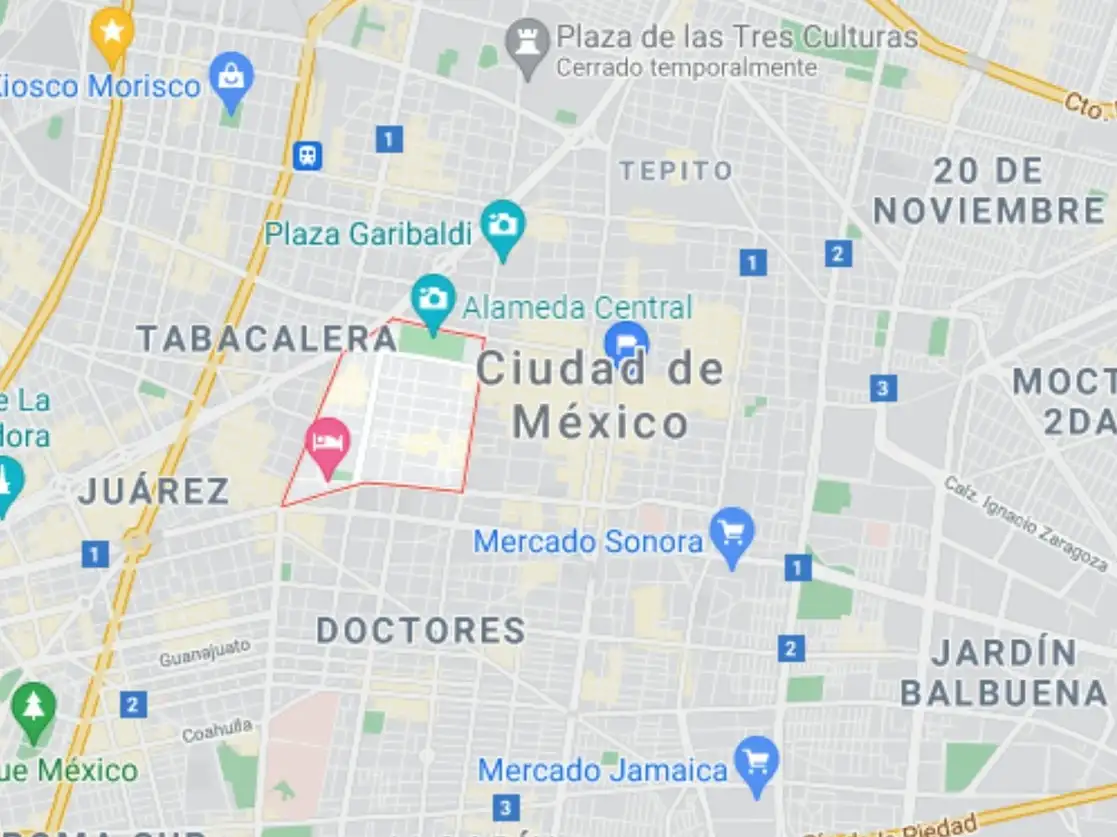 Los tres presuntos miembros de la Unión Tepito fueron detenidos tras asaltar a un ciudadano que caminaba en calles de la colonia Centro en el Centro Histórico de la Ciudad de México. Imagen tomada de Google Maps