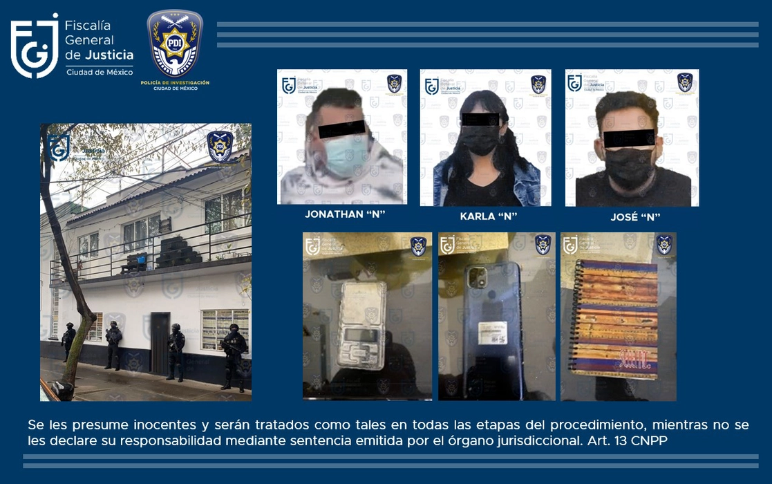 Los presuntos narcomenudistas fueron detenidos durante un cateo de un inmueble ubicado en la colonia 20 de Noviembre, en Venustiano Carranza. Imagen FGJ