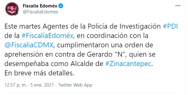 El alcalde de Zinacantepec fue detenido en el Aeropuerto de la Ciudad de México. Foto @FiscaliaEdomex