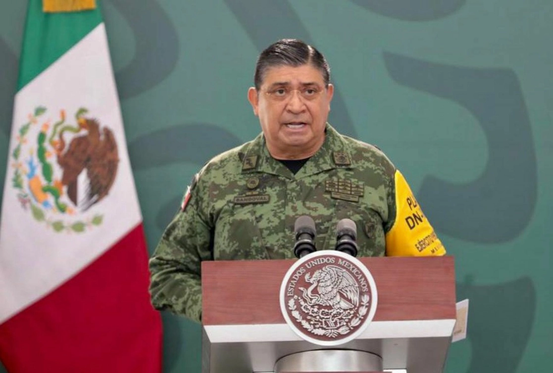 Luis Cresencio Sandoval González, secretario de la Defensa Nacional, durante la conferencia de prensa matutina en Colima, Colima, el 25 de febrero de 2022. Foto cortesía Presidencia