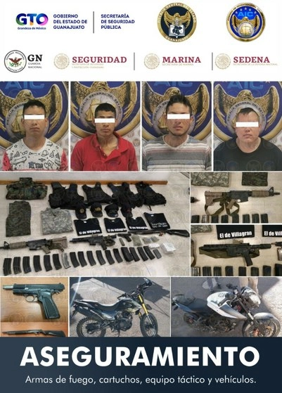 La FGE de Guanajuato informó de la detención de cuatro presuntos delincuentes, miembros del Cártel Santa Rosa de Lima. Foto SSP