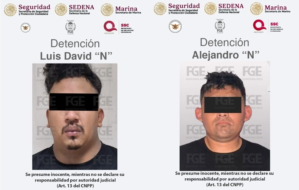 En acciones separadas, elementos de la FGE de Quintana Roo detuvieron a Luis David "N" y a Alejandro "N", presuntos autores materiales del asesinato de una mujer y un menor de edad, hecho perpetrado el 25 de diciembre de 2024. Foto Tomada de X @FGEQuintanaRoo
 