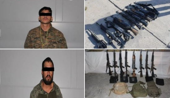 Imagen de dos de los cinco detenidos así como de las armas confiscadas en Sinaloa difundida por https://x.com/SSPCMexico