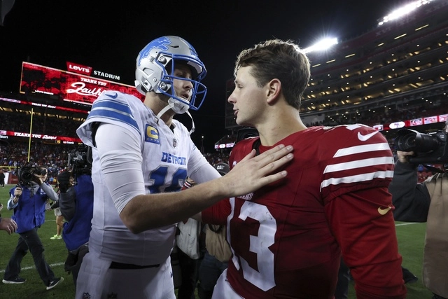 Jared Goff, mariscal de campo de los Leones, comandó el triunfo al lanzar tres pases de anotación. Foto Ap
