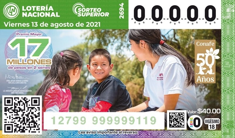 La Lotería Nacional develó ayer el billete conmemorativo por el 50 Aniversario del Consejo Nacional de Fomento Educativo. Imagen tomada de la cuenta de Twitter @lotenal