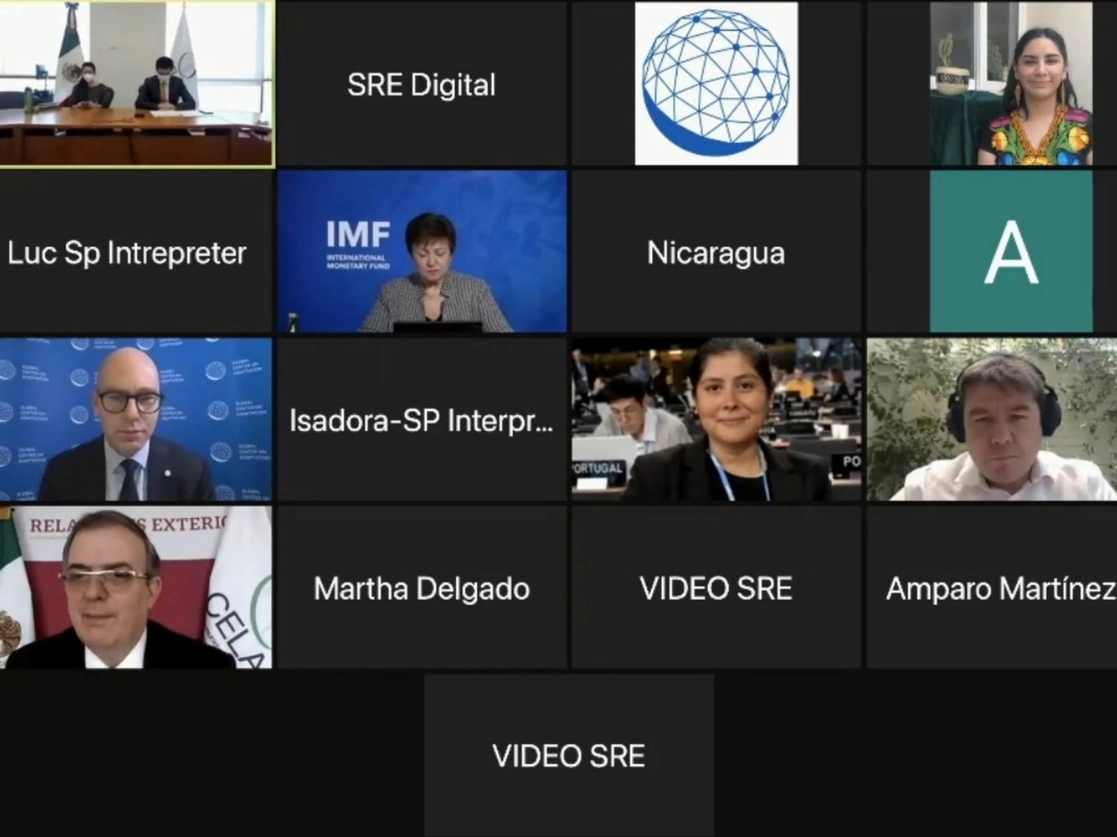 Durante la reunión virtual del canciller Ebrard con representantes de la CELAC y del FMI, el 15 de enero de 2021. Imagen tomada de la transmisión a través del Twitter de @SRE_mx
