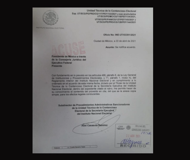 En su escrito el INE explica que el comunicado oficial que difundió el instituto sobre el caso se efectuó una vez que la Presidencia de la República fue notificada oficialmente del apercibimiento. Imagen tomada de @INEMexico