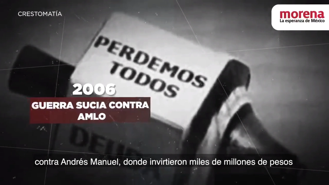En el video se afirma que detrás del “movimiento conservador Sí Por México y la perversa alianza electoral Va Por México”, está el empresario Claudio X González, quien, se indica, invirtió para realizar una guerra sucia en las elecciones de 2006, 2012 y 2018 en contra del hoy presidente Andrés Manuel López Obrador. Imagen tomada del video difundido a través del Twitter de @PartidoMorenaMx