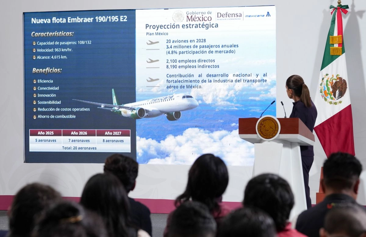 Desde su reactivación, Mexicana de Aviación ha transportado a más de 600 mil pasajeros y se prevé que cubra 4.8 por ciento del mercado nacional en 2028, para lo cual ampliará su flota a 20 aviones, informó ayer el director de la aerolínea, Leobardo Ávila Bojórquez, en la conferencia de la presidenta Claudia Sheinbaum. Foto 