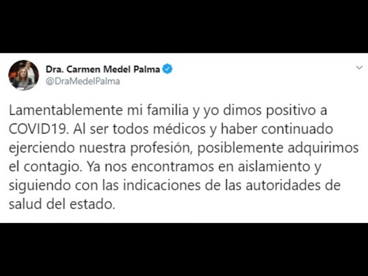 Mensaje que la legisladora publicó en su cuenta de Twitter @DraMedelPalma