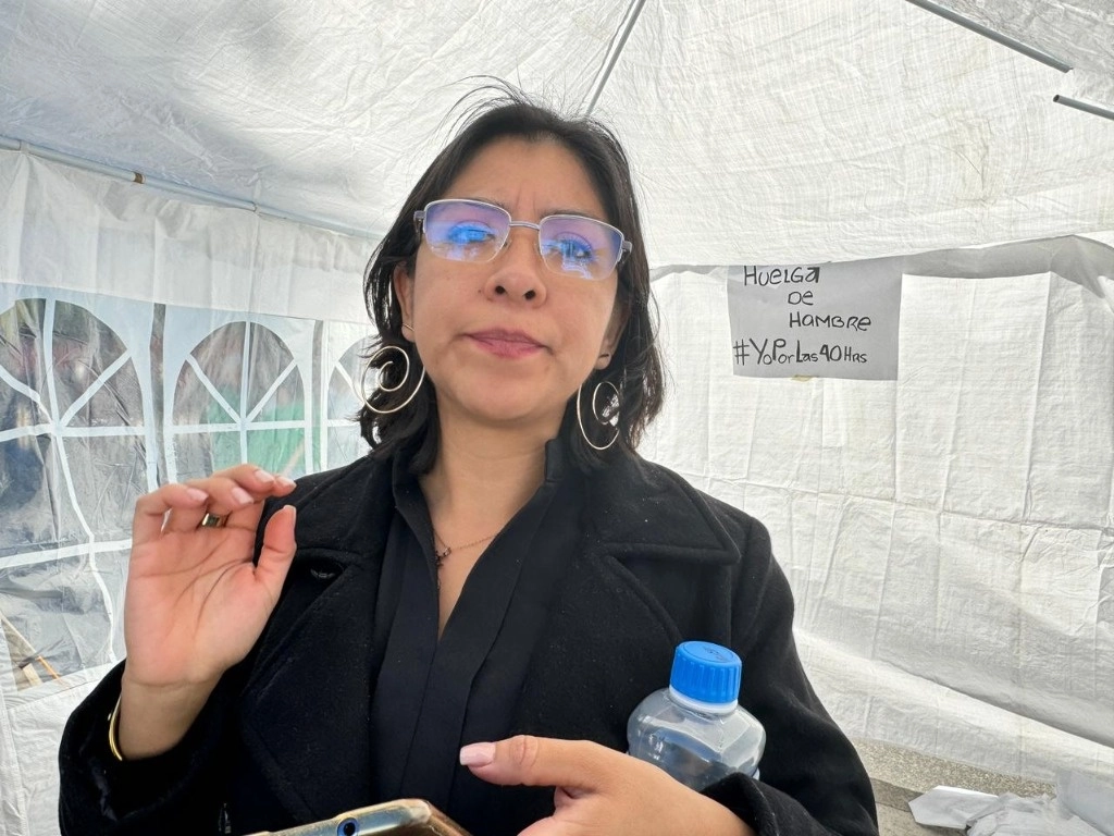 María Luisa Luévano inicia una huelga de hambre, a favor de la reducción de la jornada laboral, al exterior del recinto legislativo de San Lázaro, en la Ciudad de México, el 26 de noviembre de 2024. Foto Germán Canseco/ Archivo 