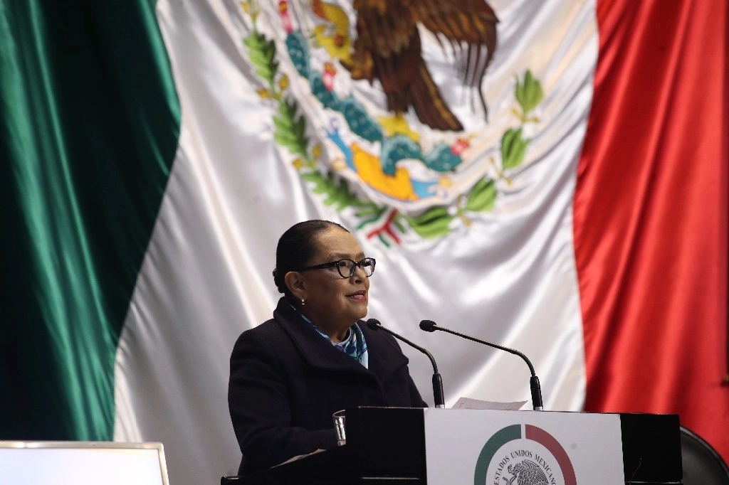 La titular de Secretaría de Seguridad y Protección Ciudadana, Rosa Icela Rodríguez, durante su comparecencia ante Comisiones en la Cámara de Diputados, el 28 de noviembre de 2023. Foto Yazmín Ortega Cortés