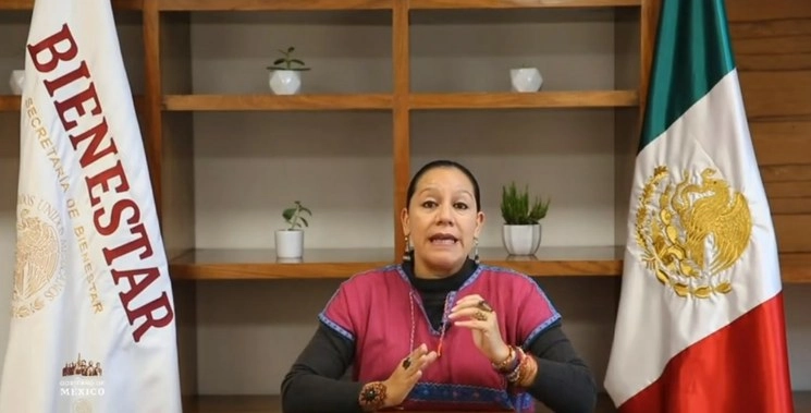 La titular de Bienestar, María Luisa Albores durante el informe sobre la entrega de pensión para personas con discapacidad. Fotograma tomado del video emitido por el Gobierno de México