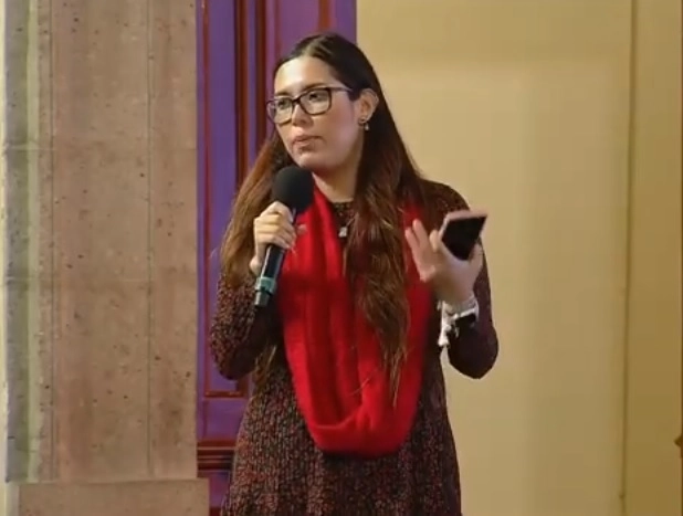 La directora general de Evaluación y Monitoreo de Programas Sociales de la Secretaría el Bienestar, Eunice Arias Arias durante conferencia de prensa. Fotograma tomado del video emitido por el Gobierno de México