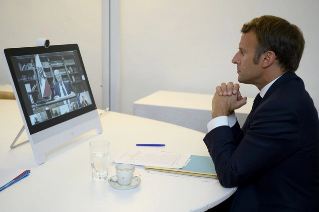 El presidente francés, Emmanuel Macron encabezó la videoconferencia en apoyo a Líbano. Foto Ap
