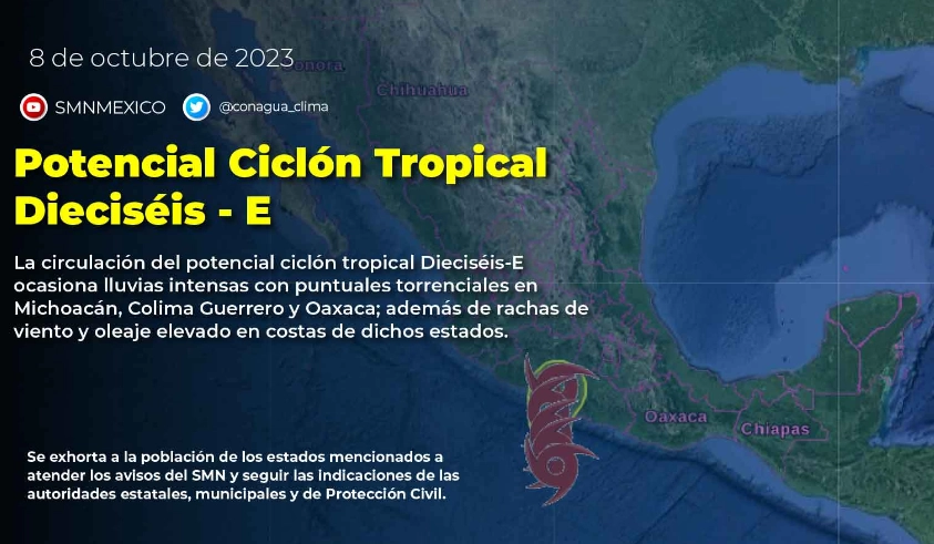 Imagen difundida por Conagua sobre el potencial ciclón tropical Dieciséis E 