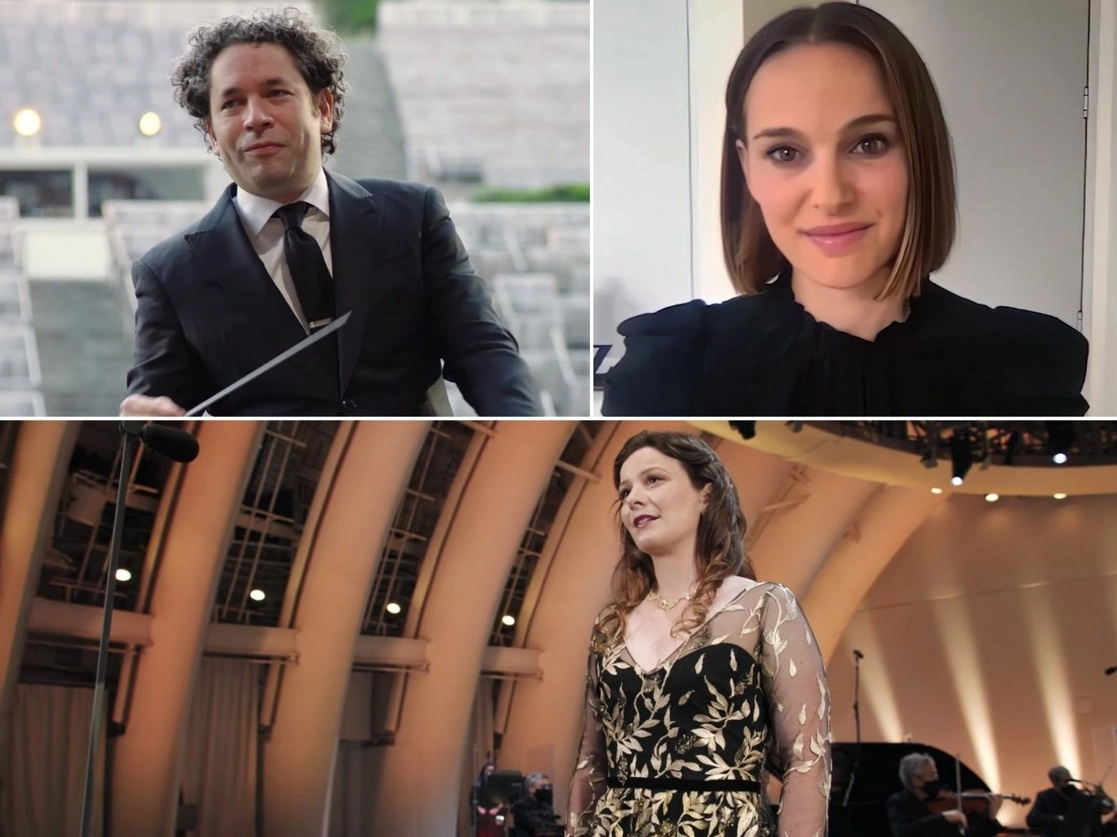 El repertorio, que estará en línea hasta el 8 de marzo, incluye obras de Stravinsky, Chaikovski, Duke Ellington y Arturo Márquez, entre otros compositores. Arriba, Dudamel con la actriz Natalie Portman; sobre estas líneas, la soprano Liv Redpath. Imágenes tomadas del video difundido a través del sitio de https://es.laphil.com/support/icons-on-inspiration
