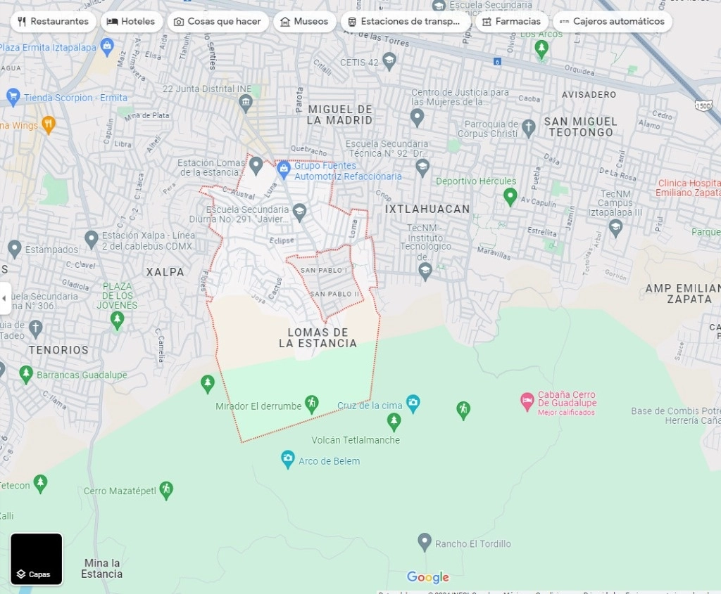 Jorge Carlos Albiter Espinoza, alias ‘Bola’, está presuntamente relacionado con el homicidio de Guadalupe Santiago Hernández y Hugo Flores Barragán, ocurrido en octubre de 2023, en la colonia Lomas de la Estancia, en Iztapalapa. Imagen tomada de Google Maps
