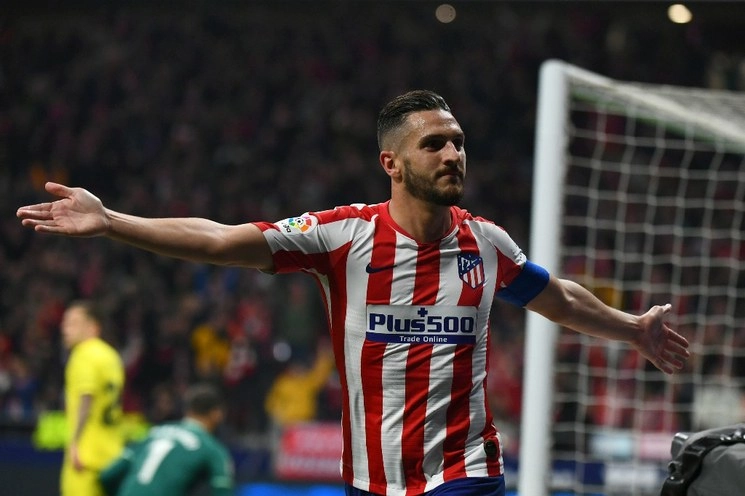 Koke Resurrección celebra su anotación ante el Villareal, juego de la fecha 25 de La Liga. Foto Afp