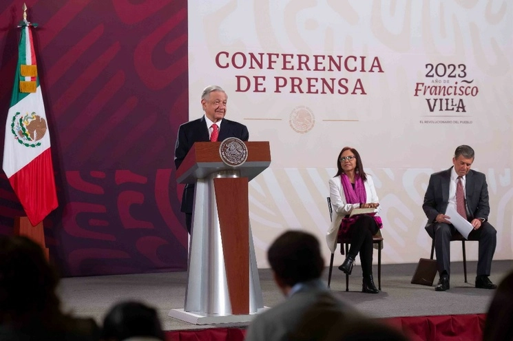 El presidente López Obrador, al frente de su conferencia matutina, en Palacio Nacional, el 28 de agosto de 2023. Foto cortesía Presidencia 