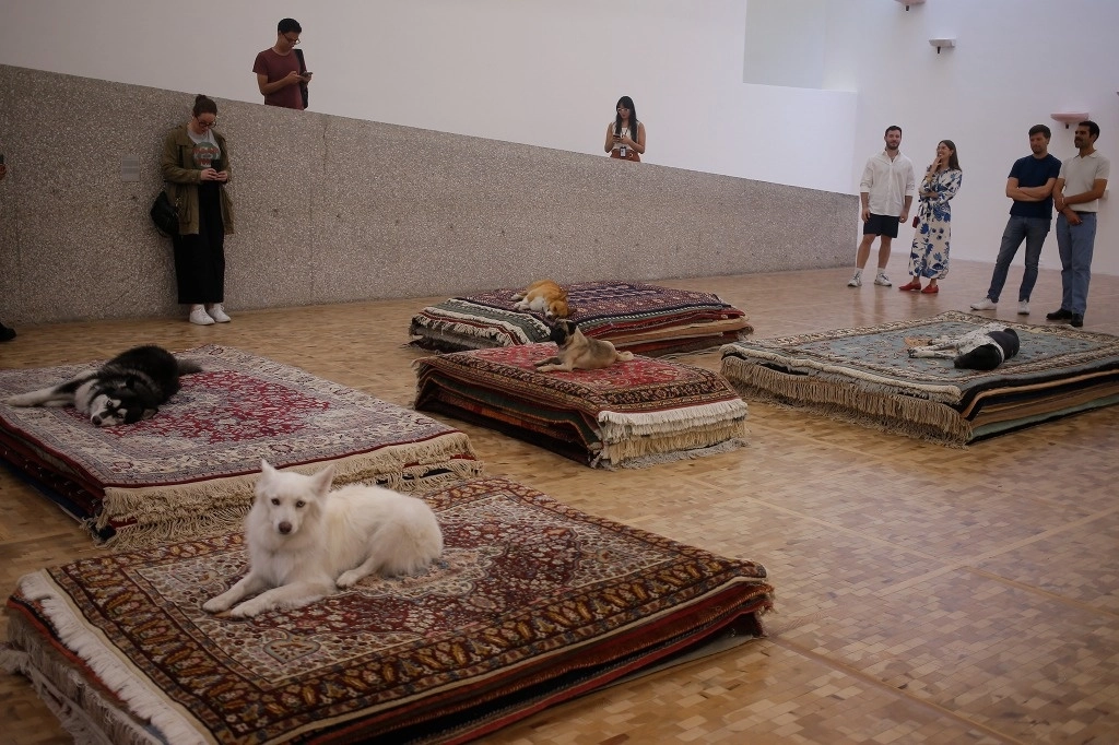 Perros echados sobre pilas de tapetes, 10 leones de mármol y 2 mil 500 macetas con plantas que conviven con maniquíes de niños y un toro mecánico, son algunas de las obras que exhibe la artista danesa en el recinto ubicado en el Bosque de Chapultepec. Foto José Antonio López