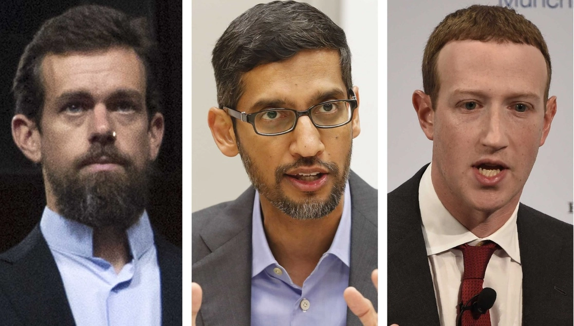 Jack Dorsey, Sundar Pichai y Mark Zuckerberg, CEOS de Twitter, Google y Facebook, respectivamente. Foto Ap 